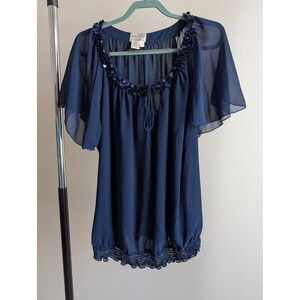 MSSP‎ Max Studio Navy Blue Sequined Flutter Sleeve Blouse Plus Size 2X 1Z09X39